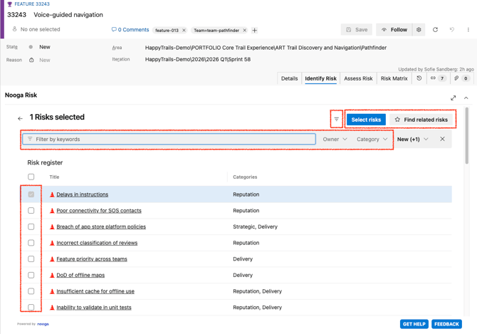 Link exisiting risks to the work item